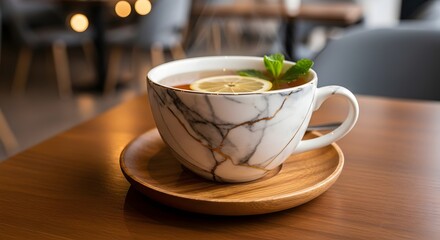A warm cup of herbal tea with lemon and mint in a stylish marble mug on a wooden table in a cozy cafe setting