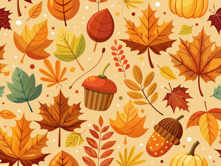 Seamless autumn pattern vector illustration falling maple leaves acorns pumpkins festive fall foliage design