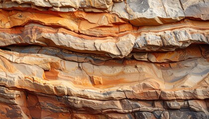 Textured rock formation displaying layers of color, from rust-orange to grey, with intricate cracks and patterns visible on the uneven surface