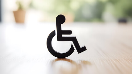 Black wheelchair accessibility symbol on wooden surface with blurred background