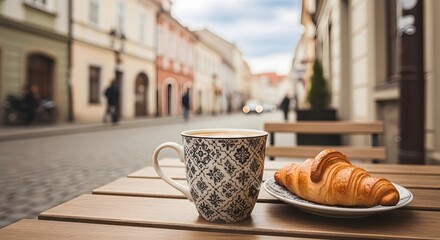 Morning bliss Coffee and croissant on a cafe terrace with city backdrop