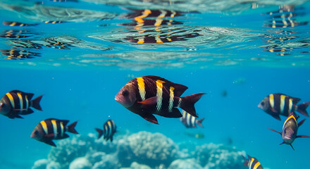 Fototapeta premium A kaleidoscope of colors as tropical fish of all shapes and sizes glide gracefully through the crystal-clear water. Illustration, Minimalism