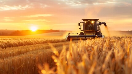 Fototapeta premium Combine harvester working in wheat field during sunset harvest