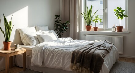 Cozy Bedroom Interior with Natural Light and Plants