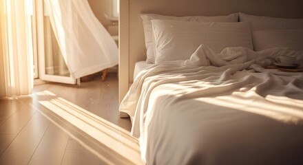 Serene Bedroom Scene Bathed in Warm Morning Sunlight, White Sheets Creating a Peaceful Atmosphere