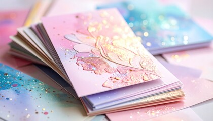 Stack of pastel greeting cards with golden, embossed floral design and dreamy watercolor backgrounds, scattered gold specks on white surface