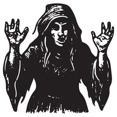 Witch Raising Hands for Ritual, Cosmic Power Symbol, Mystical Engraving Art