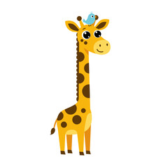 A giraffe is playing with a small bird on its head