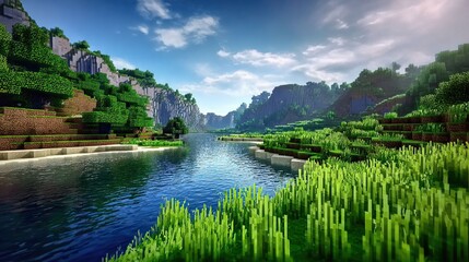 Fototapeta premium A pixelated landscape of a serene river flowing through lush, blocky canyon walls under blue skies