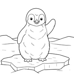A fluffy cartoon baby penguin stands on an ice floe, waving with one flipper. Its cheerful face, rounded body, and icy landscape create a fun, child-friendly scene.
