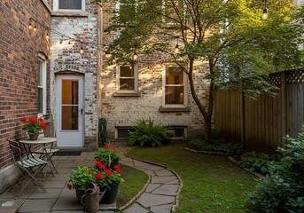 Fototapeta premium Charming backyard with brick walls, pathway and string lights at twilight
