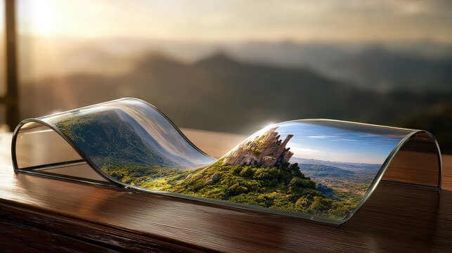 Curved Transparent Display Showing Mountain Landscape