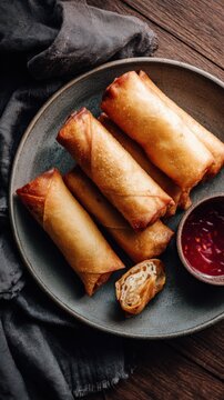 Top-Down View of Golden Crispy Spring Rolls with Dipping Sauce