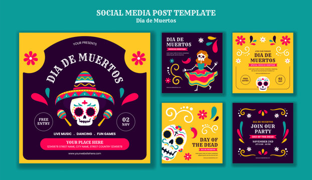 Day of the Dead Social Media Post Flat Cartoon Hand Drawn Template Background Illustration - Powered by Adobe