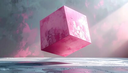 Soft pink cube floats above a speckled surface, illuminated by a light beam against a blurred backdrop of similar hues and cloud-like textures