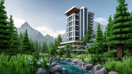 Naklejka premium Pixelated modern building set among vibrant green trees, river, and mountains