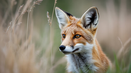 Fototapeta premium Close-up of a red fox in a grassy field, looking attentively to the side