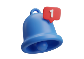 A blue notification bell with a red speech bubble showing the number 1, isolated on transparent background