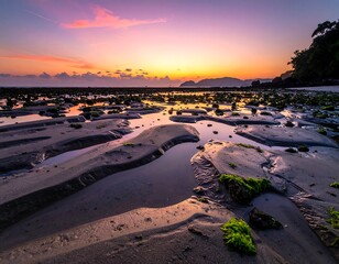 Sunrise over a tranquil beach at low tide