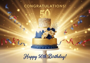 Exquisite golden 50th birthday celebration cake amidst radiant sparkles