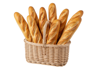 A woven basket overflowing with freshly baked golden brown french baguettes, isolated on a transparent background, showcasing a delicious assortment of crusty bread