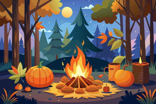 Vibrant autumn campfire scene vector illustration warm flames flickering under moonlit forest night