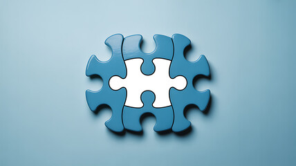 Blue puzzle pieces arranged in a circular pattern with a central white gap on a light blue background