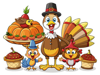 Cute cartoon thanksgiving turkey vector illustration with festive foods and friends for scalable graphics