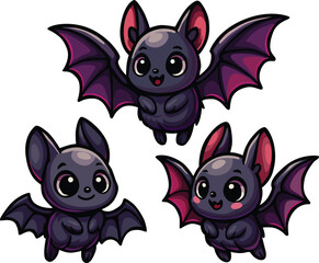 Editable EPS of three cute cartoon bats with big eyes and playful expressions, perfect for Halloween decorations, party invitations, posters, stickers, packaging, or fun seasonal graphic elements.