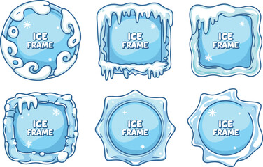 Cartoon collection of blue ice frames with various shapes for decorative designs and elements