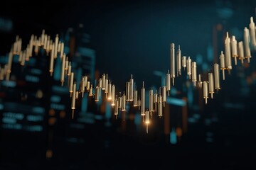 Golden candlestick graph over blurred cityscape at night, dark blue tones