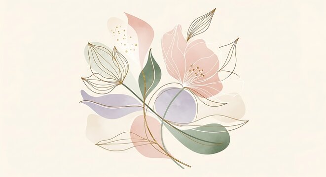 Delicate botanical arrangement featuring watercolor elements and line art with soft pastel colors creating a serene