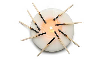 Candle wax pool with burnt matchsticks scattered, isolated clear blank white background