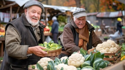 Fototapeta premium Senior men buying fresh produce at farmers market