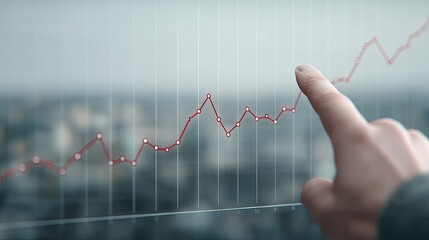 Close Up Hand Pointing At Red Graph Line On Glass With Blurred Urban Background In Cinematic Style