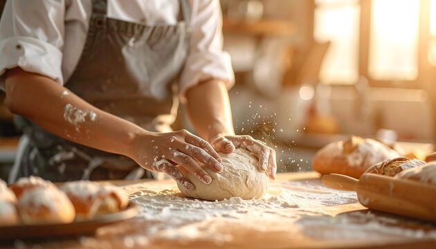 Baker kneading dough in sunlight