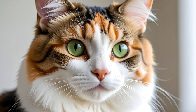 Close-up of a fluffy calico cat with bright green eyes