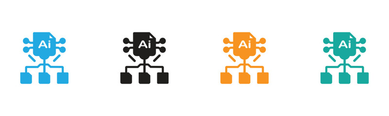 Visualize AI integration with clear, interconnected file structure icons in four distinct, professional color schemes, perfect for tech and business innovation.