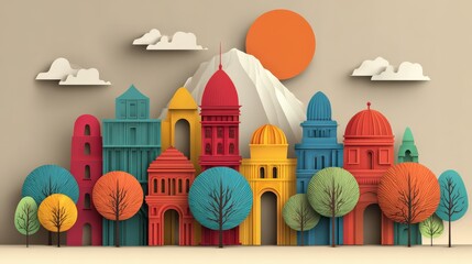 Colorful Abstract Cityscape Illustration with Geometric Buildings and Mountains