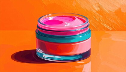 A clear jar holds bright pink cream with a teal accent on orange gradient background, creating bold shadows & vibrant tones