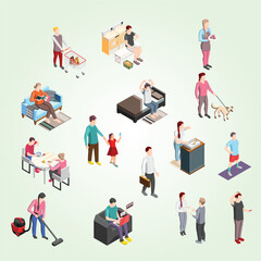 Isometric Cartoon People Characters Doing Various Activities Illustration in Daily Life