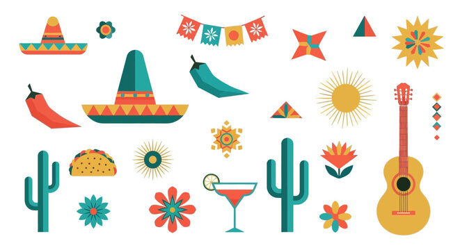 Celebrate Cinco de Mayo with vibrant fiesta elements like sombreros, guitar, cactus, and spicy peppers for a festive and joyful atmosphere