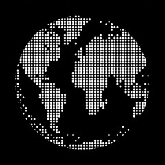 A stylized Earth graphic in a dotted pattern against a stark black background
