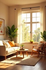 Fototapeta premium Warm sunlight streams into a bright, welcoming space, illuminating comfortable furniture and cheerful decor, creating a serene and inviting atmosphere , inviting, inviting space, style