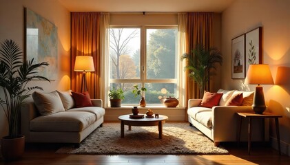 Warm, inviting living room illuminated by soft, ambient lighting Stylish lamps create a cozy atmosphere perfect for relaxation and entertainment , soft lighting, residential lighting