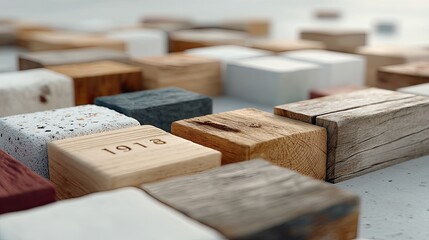 Close Up Arrangement of Wooden Blocks with Varied Textures and Colors in Warm Lighting