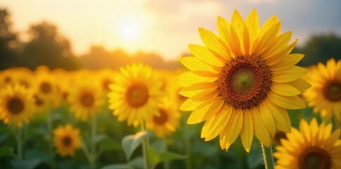 Fototapeta premium Vibrant yellow sunflowers bask in the warm sunlight, their faces turned towards the sun in a field of blooming happiness Perfect for summer, nature, and agriculture themes , summer, bright yellow