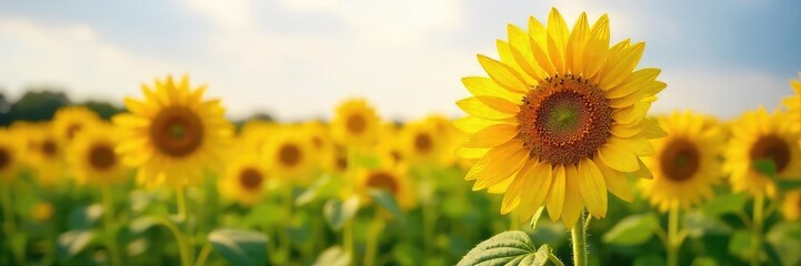 Obraz premium Vibrant yellow oil sunflowers bask in the summer sun, their heavy heads bowed with ripened seeds A picturesque scene of agricultural abundance and natural beauty , harvest, yellow flowers