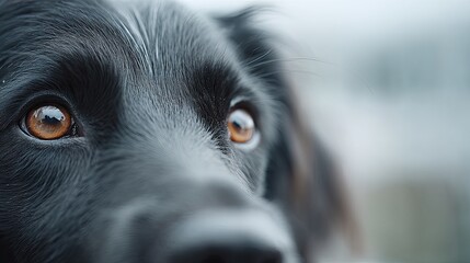 Close Up Black Dog Portrait with Golden Brown Eyes and Sand on Fur in Soft Focus