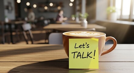 A warm coffee cup with a yellow sticky note that says "Let's Talk!" sits on a wooden table in a cozy cafe.